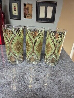VTG Retro Irene Pasinski HighBall Glasses Set of 3 Green&Gold